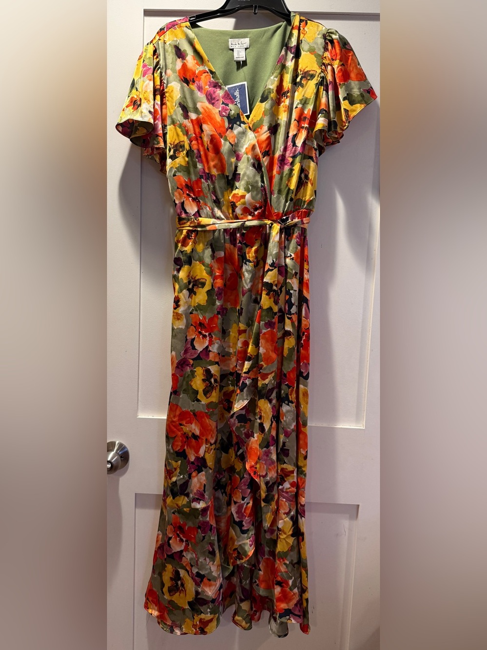 Nicole Miller Floral Wrap Maxi Dress in Olive, Orange & Pink